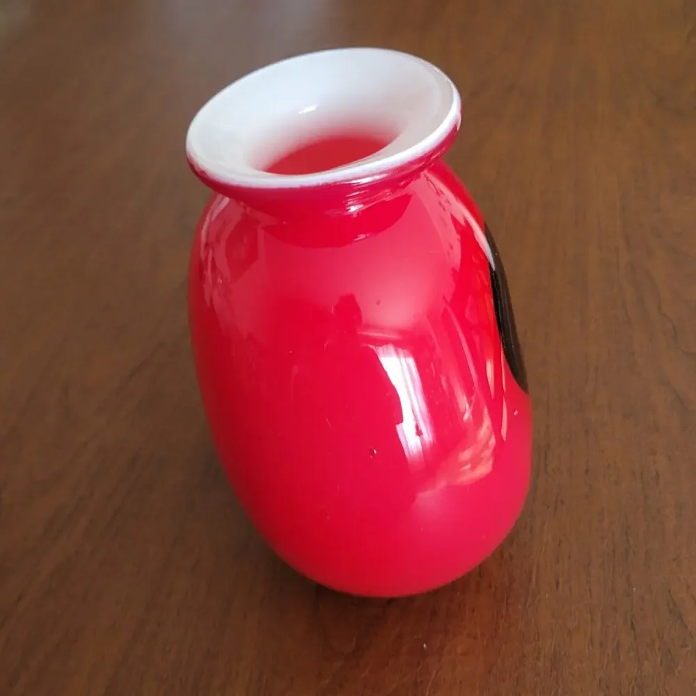 Vintage Tango Glass Vase Red White Cased Art Glass Black Swirl Hand Blown 9